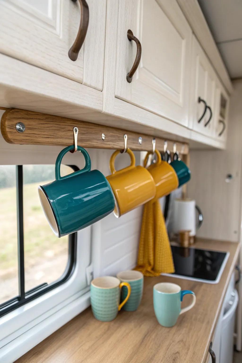 Elevate your RV kitchen with minimalist under-cabinet hooks—where functionality meets Scandinavian charm!
