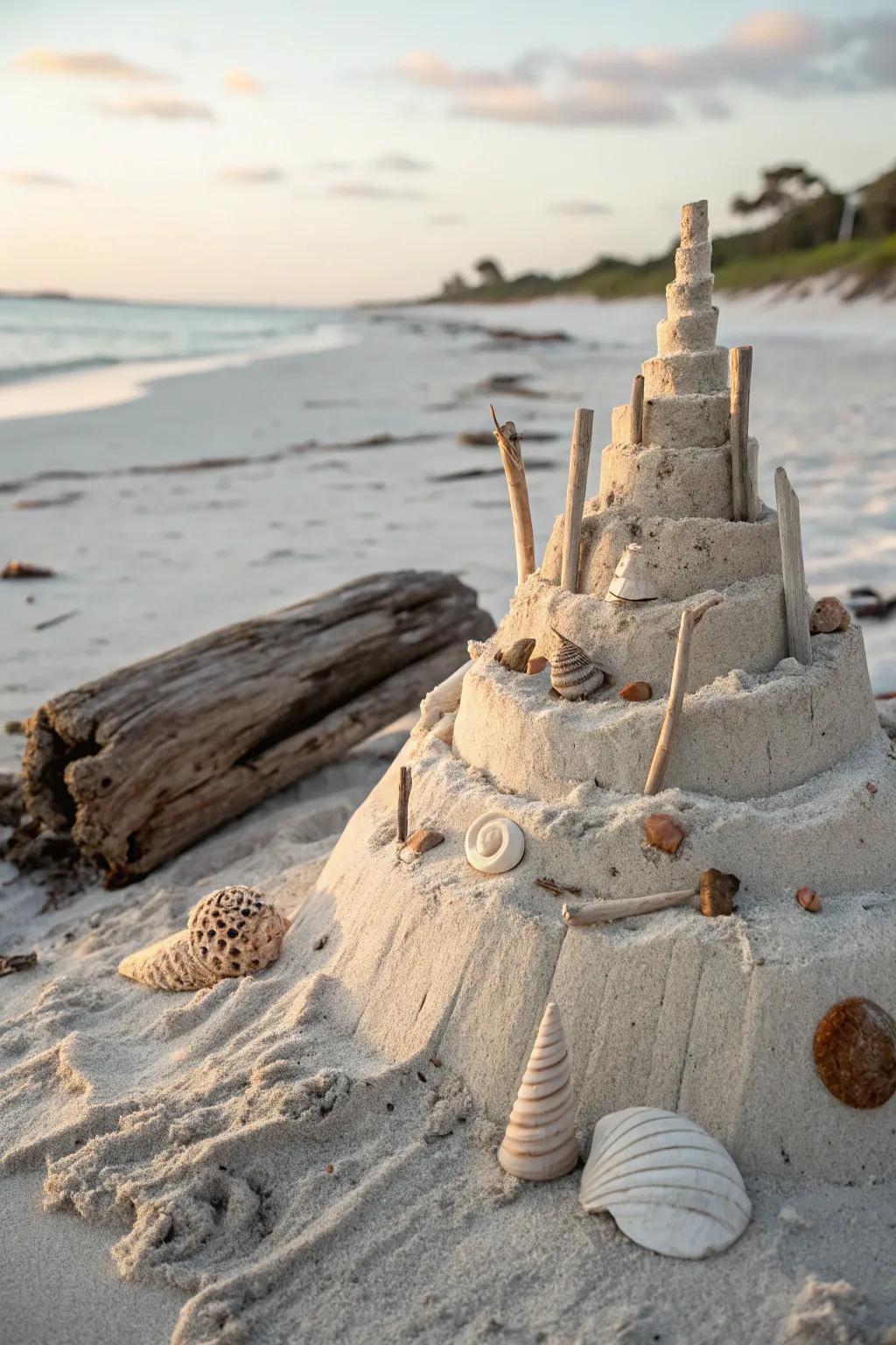 Embrace nature with this stunning seashell and driftwood sandcastle, where simplicity meets bold elegance.