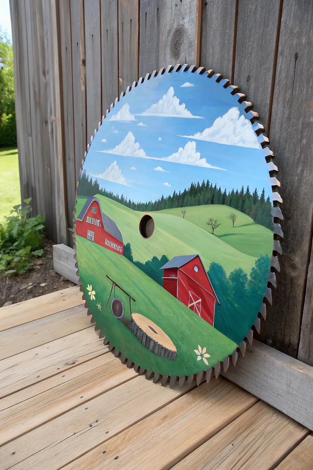 Rural beauty meets sharp craftsmanship: Transforming a saw blade into countryside art.