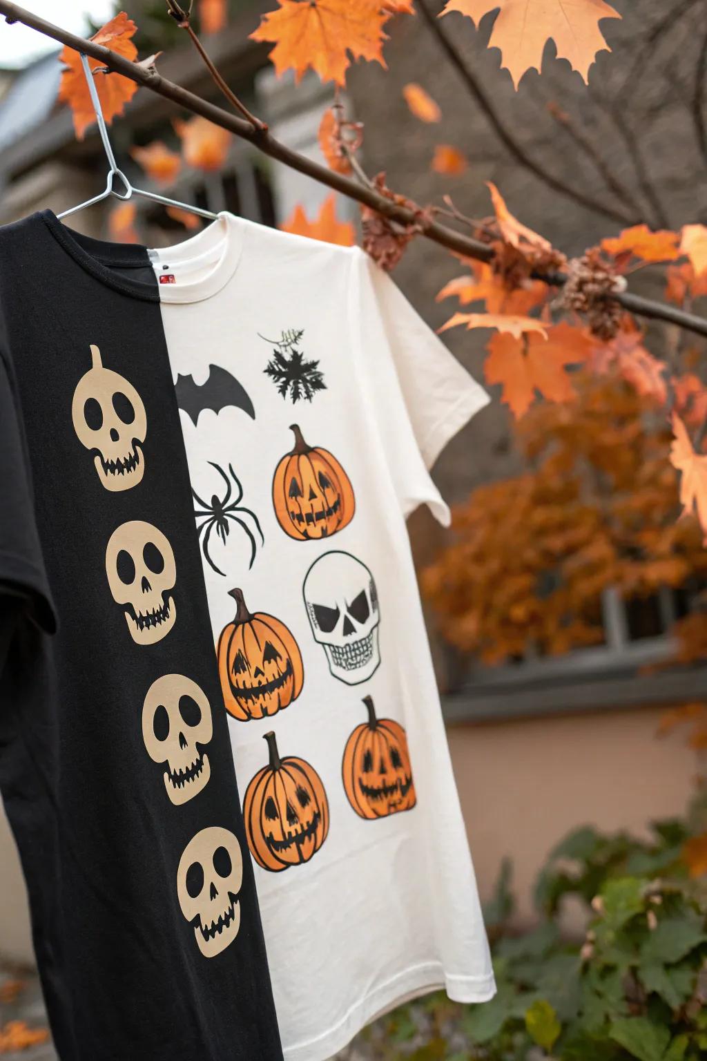 A festive shirt adorned with classic Halloween icons like pumpkins and skulls.