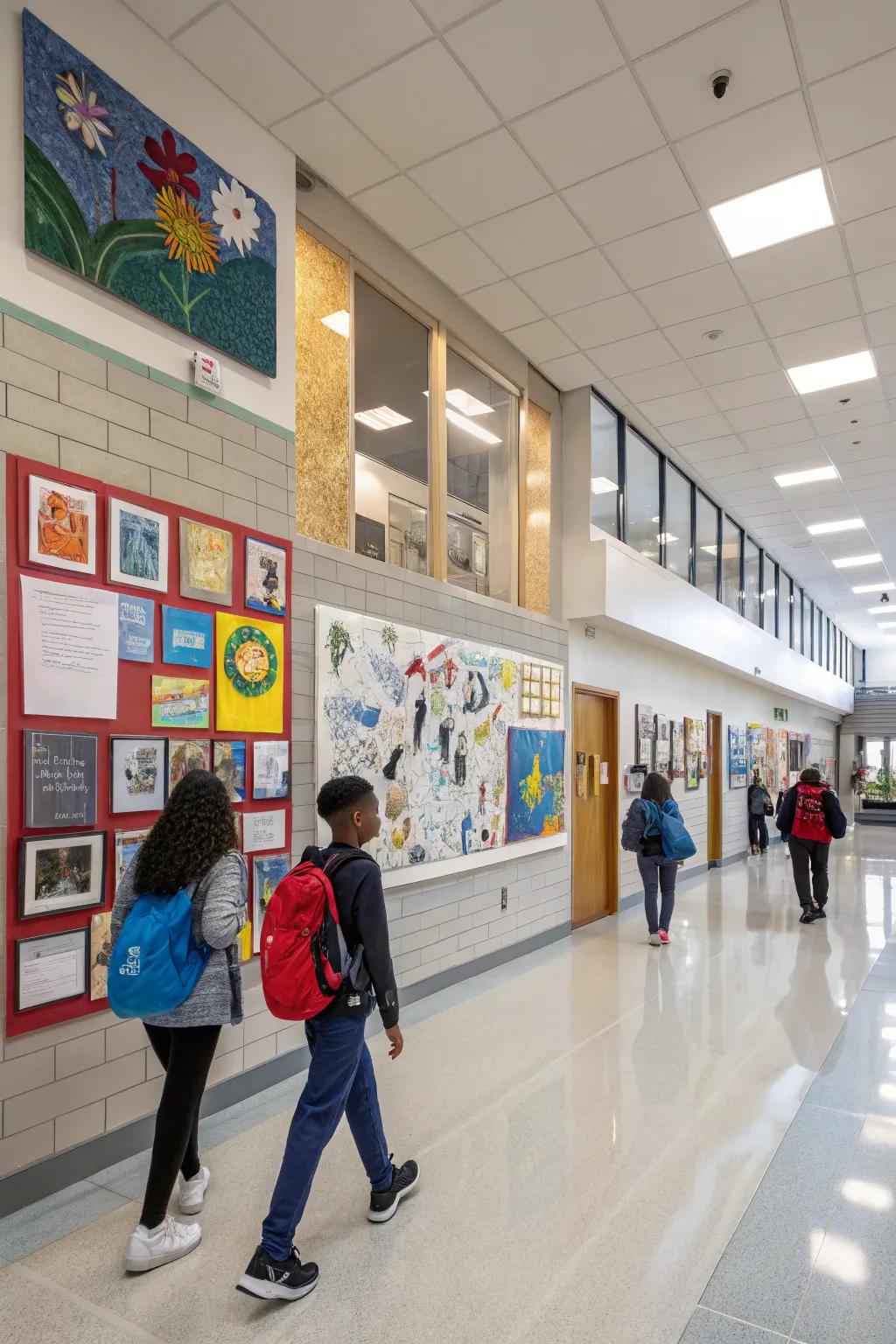 A display wall in a school lobby featuring student artwork, celebrating creativity.