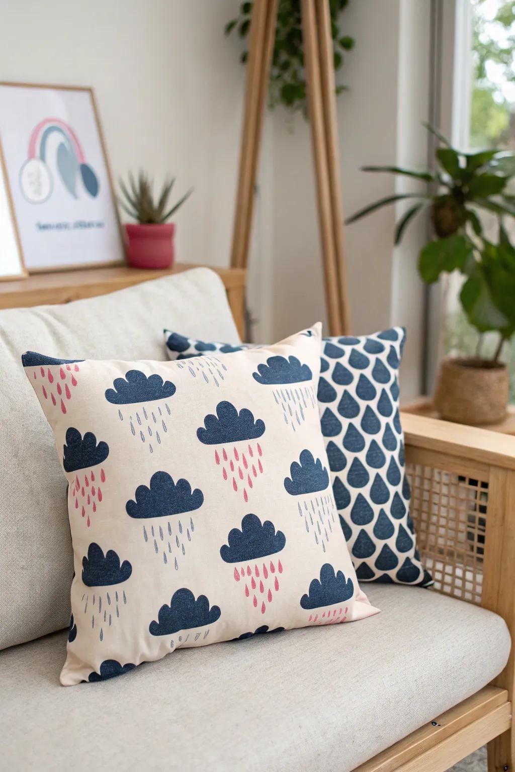 Add a playful touch to your space with whimsical raindrop and cloud motifs. Perfect for a refreshing vibe!