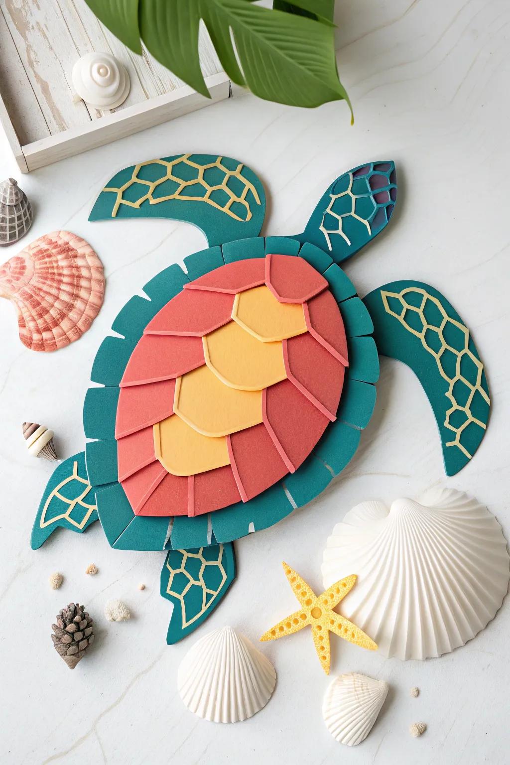 Craft your own sea turtle masterpiece with foam and paper cutouts - a perfect blend of simplicity and bold colors for a playful touch!