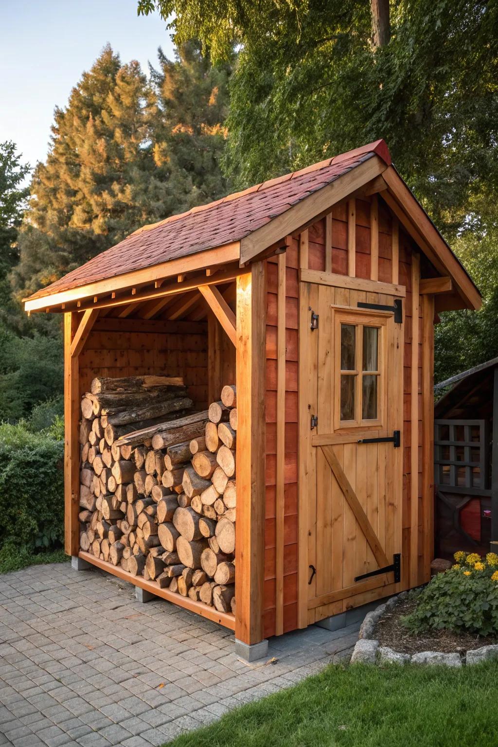 Embrace craftsmanship with this compact firewood shed – a perfect blend of functionality and style for your outdoor space.