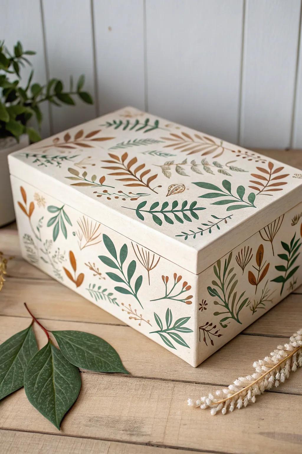 Embrace nature's serenity with this botanical bliss: a painted shoe box that brings the outdoors in.