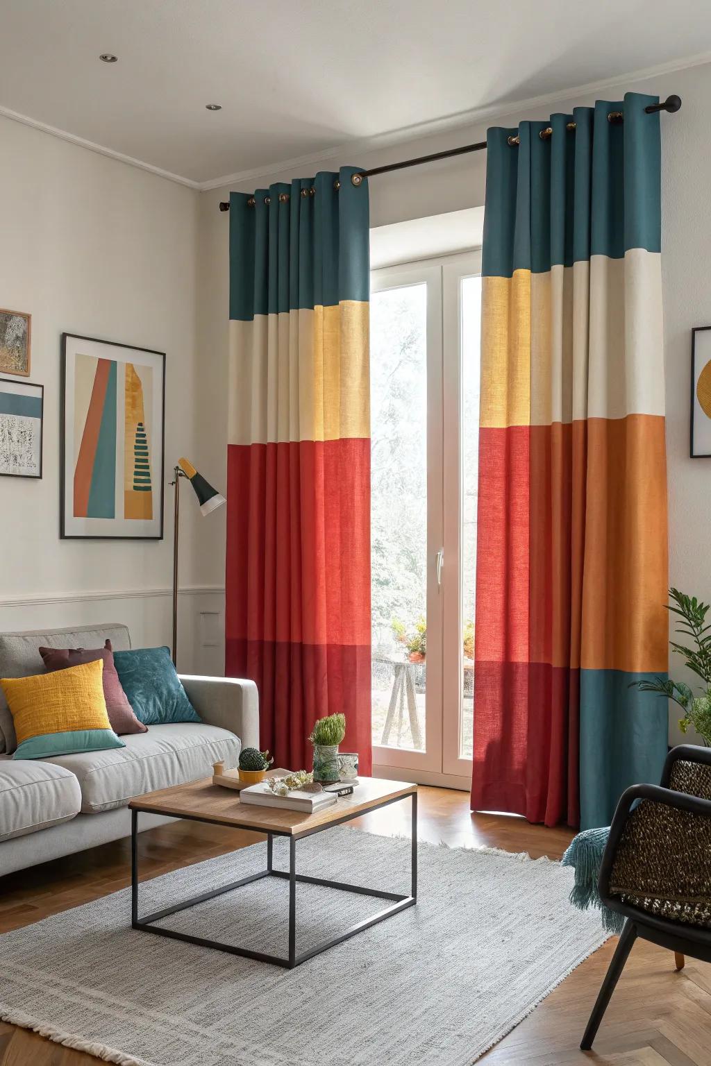 Color-blocked short curtains for a modern and playful look.