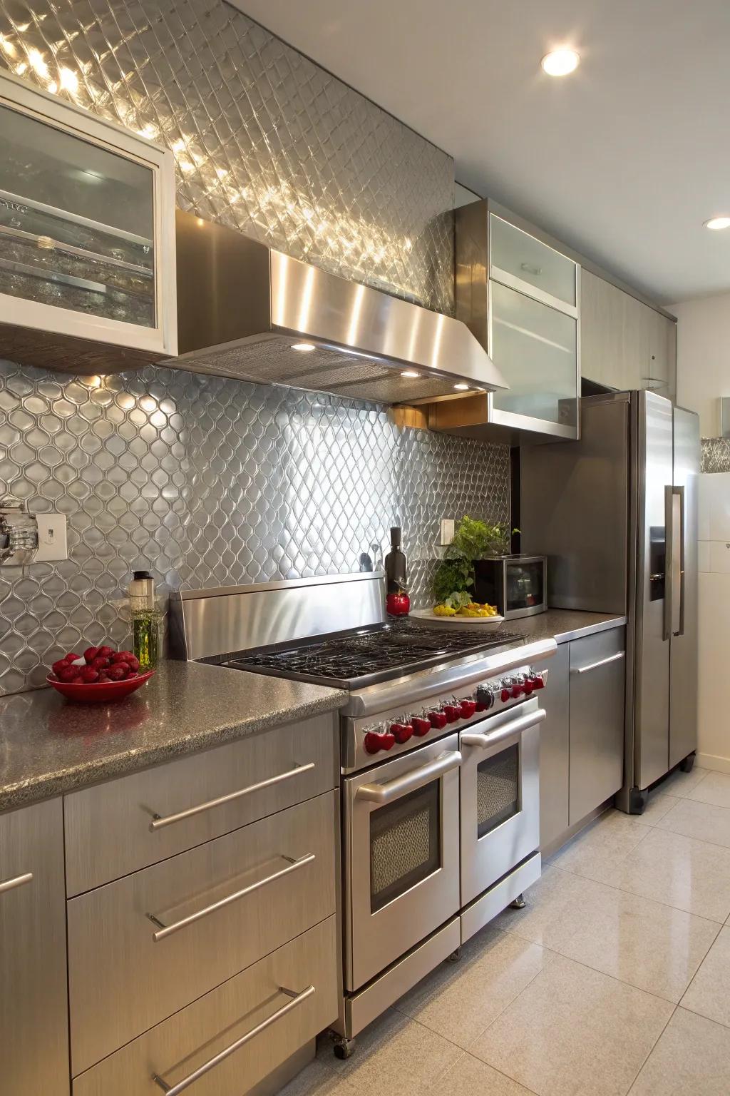 A seamless integration of silver backsplash with stainless steel appliances.