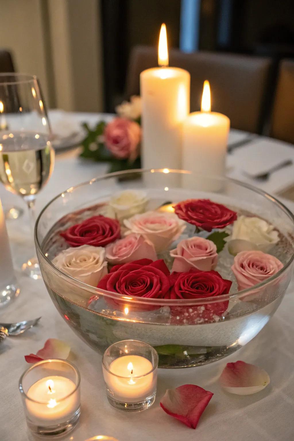 Floating roses create a romantic and ethereal atmosphere.