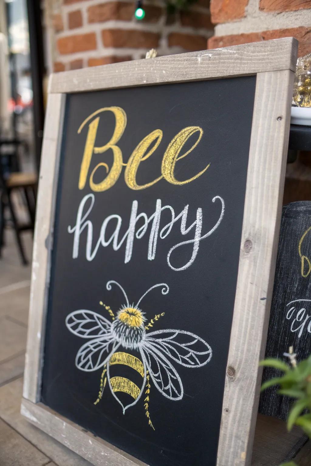 Spread positivity with charming simplicity: 'Bee Happy' chalkboard art that brightens any room!