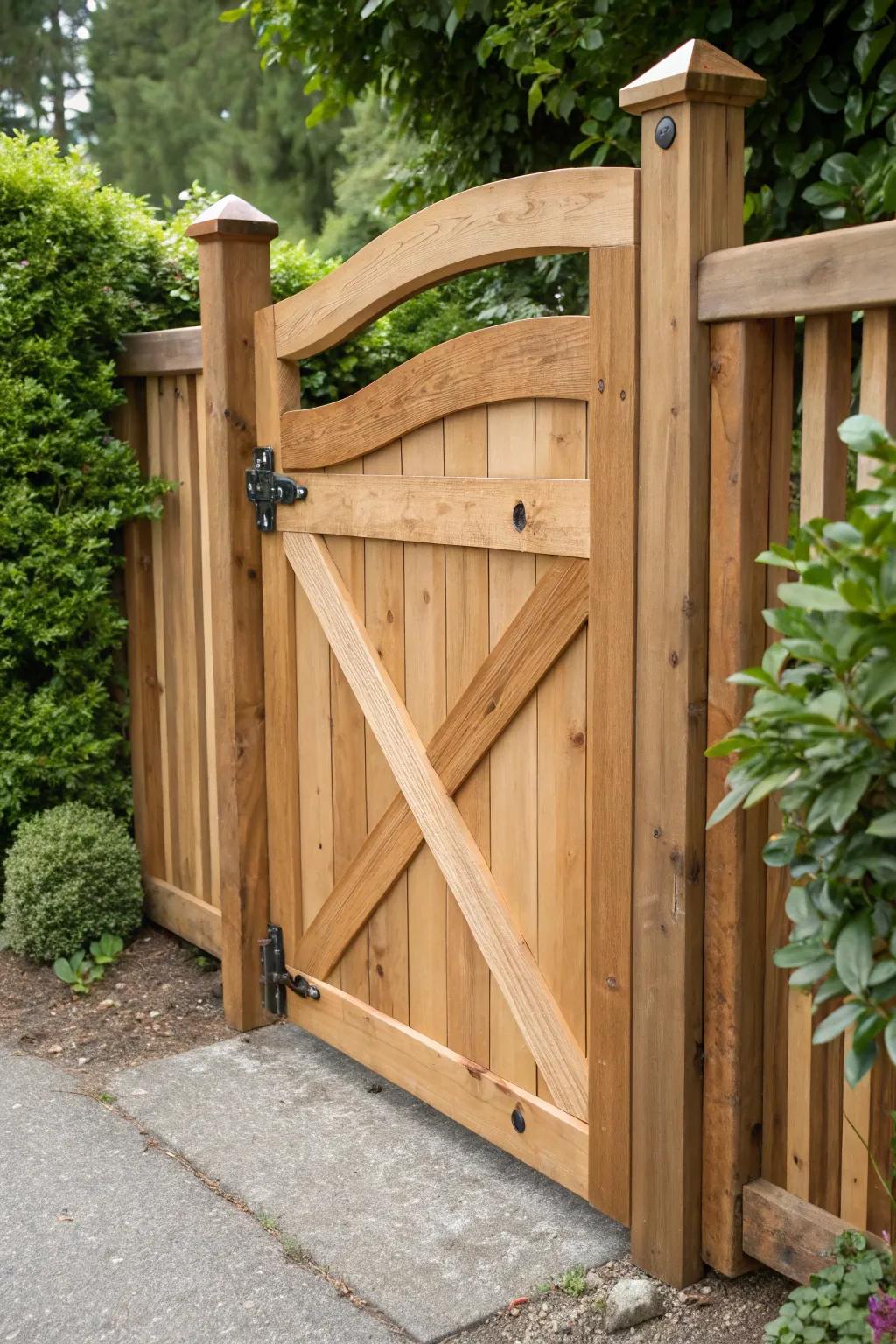 Celebrate the elegance of simplicity with a natural wood finish gate that harmonizes beautifully with nature.