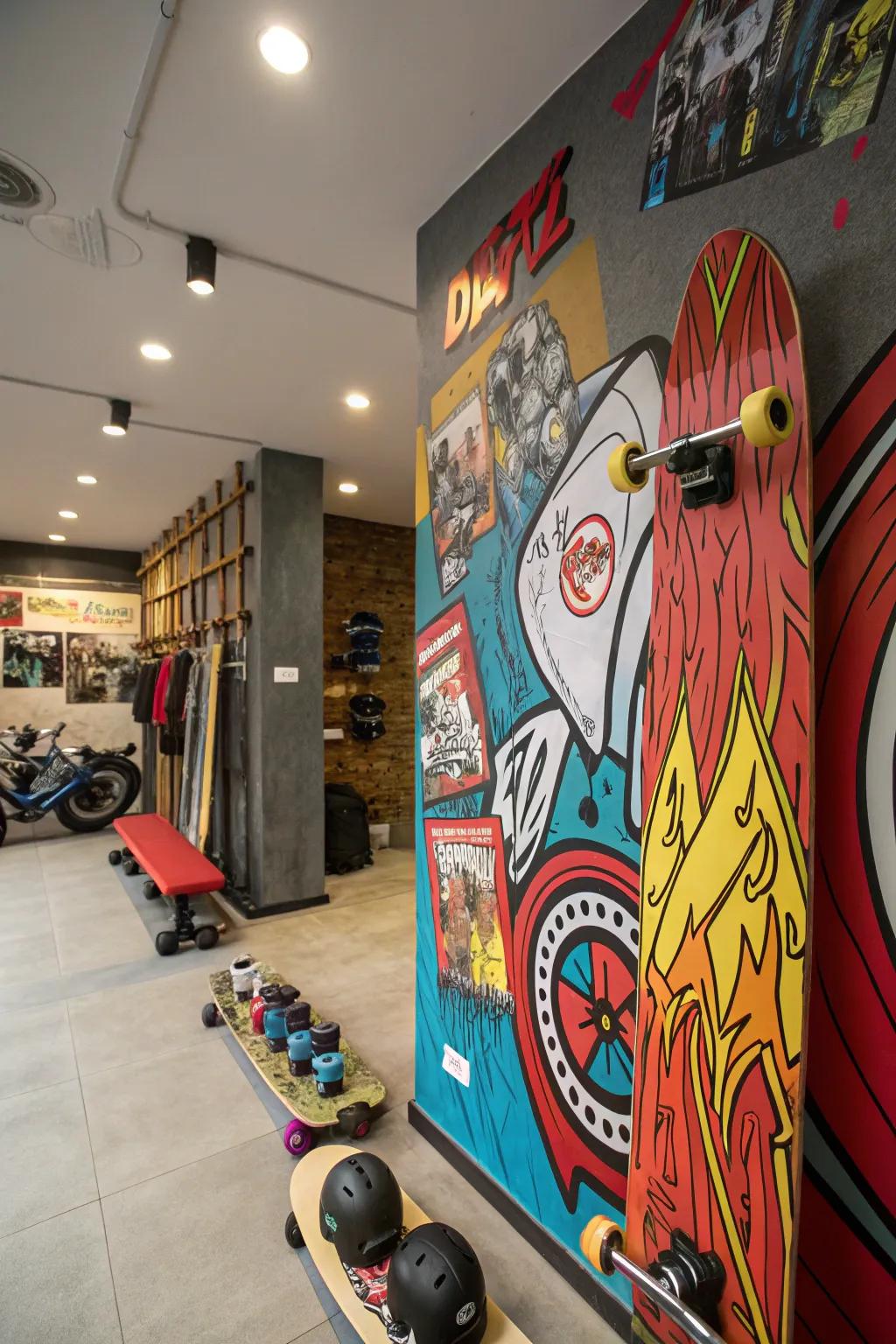 A graffiti-style mural adding edge to a skateboard-themed room.