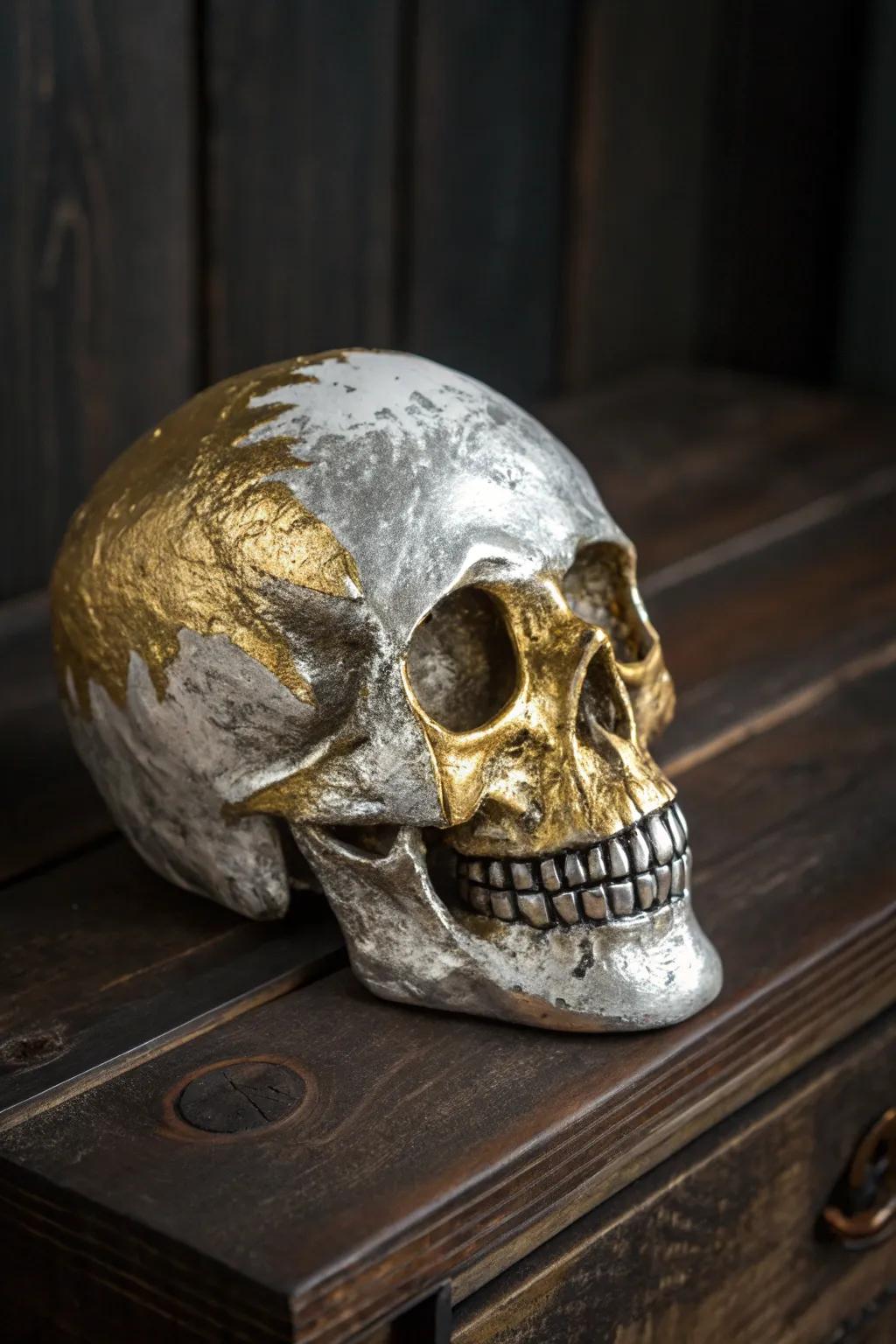 Elevate your decor with a touch of metallic glam. This shimmering skull adds a sophisticated edge to any space.