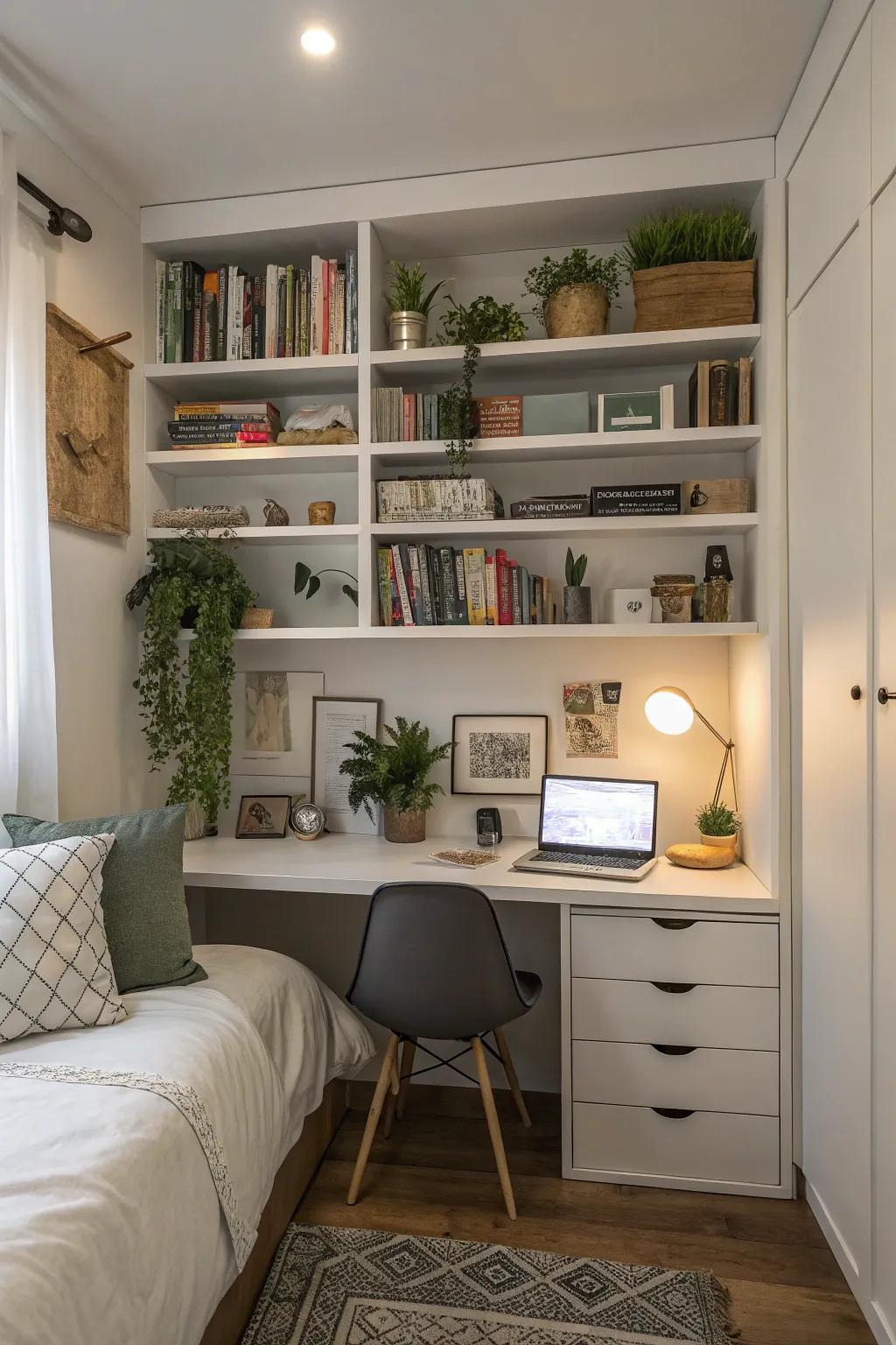 Built-in storage around a desk maximizes both space and style.