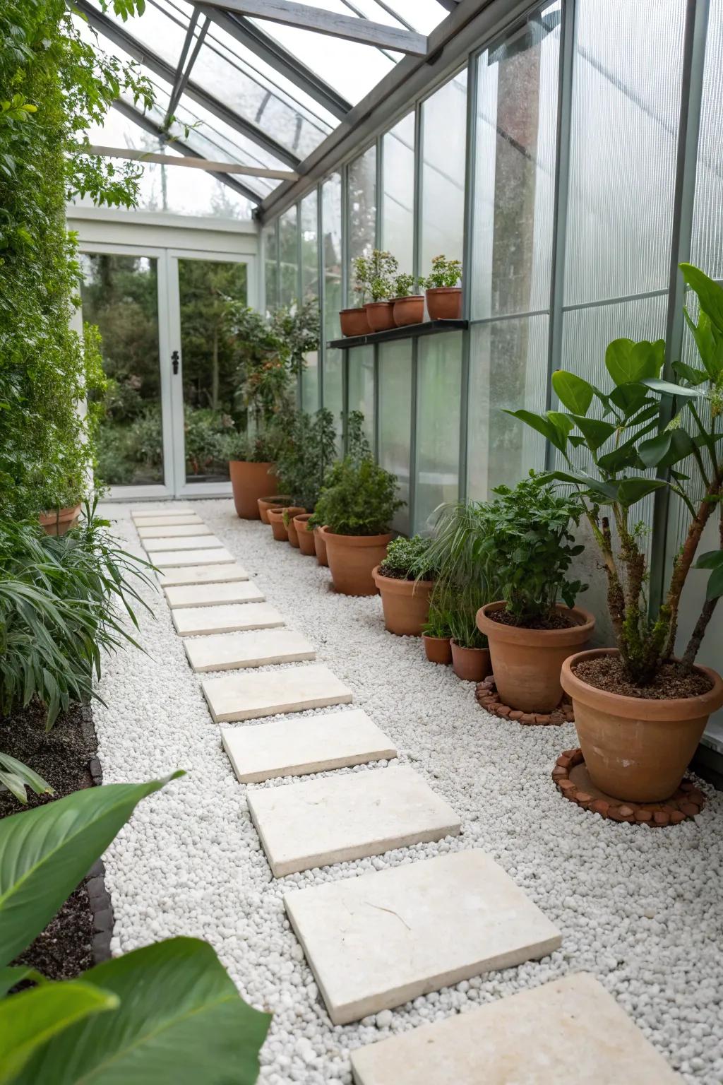 Step into serenity with clear pathways in your greenhouse, where simplicity meets natural elegance.