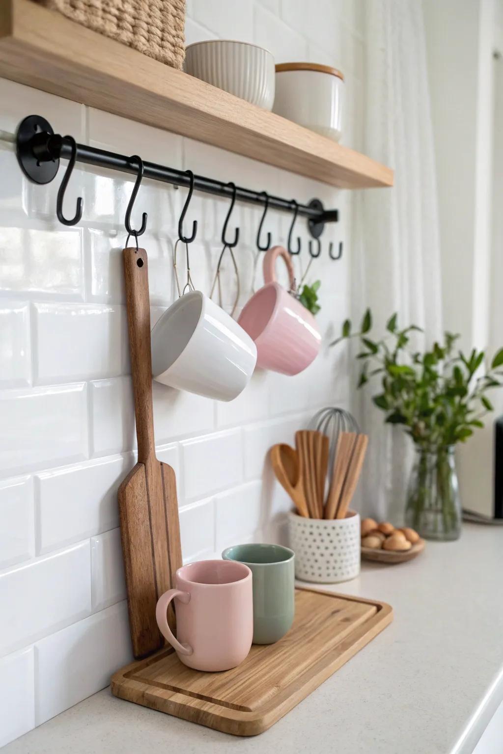 Elevate your kitchen organization with stylish hooks - a minimalist solution that marries function with elegance.