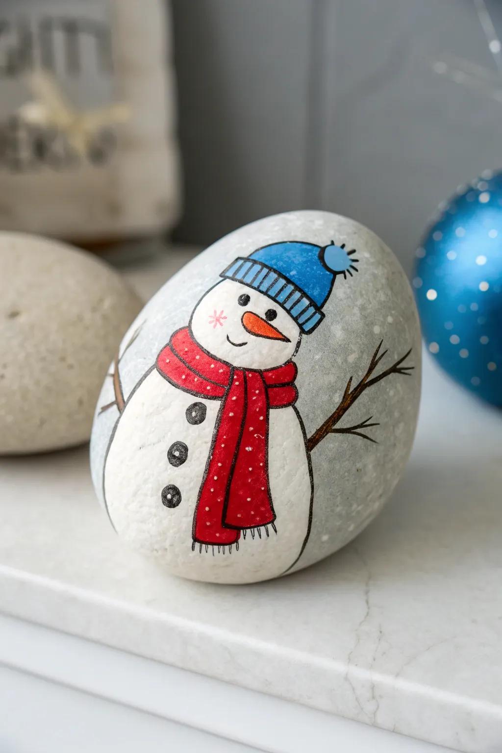Elevate your snowman game with a chic painted scarf and beanie, where bold colors meet minimalist charm.