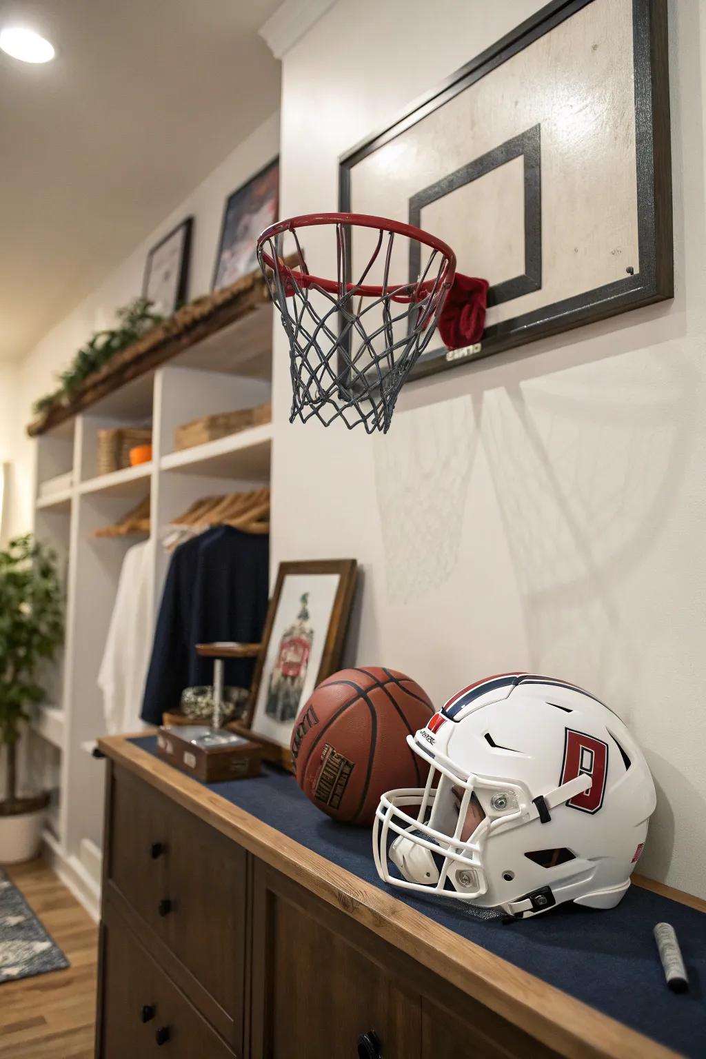 Sports equipment integrated as decor elements.