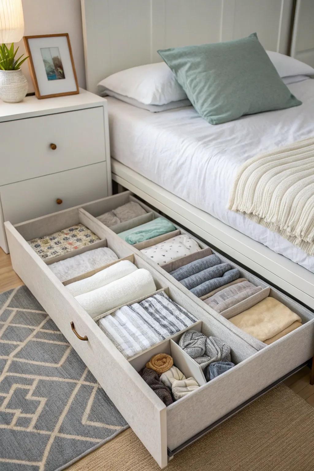 Under-bed storage maximizes space without compromising on aesthetics.