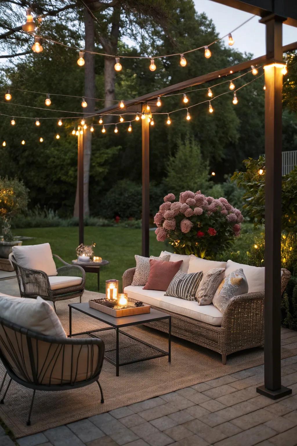 String light poles cleverly integrated with outdoor furniture create a seamless design.