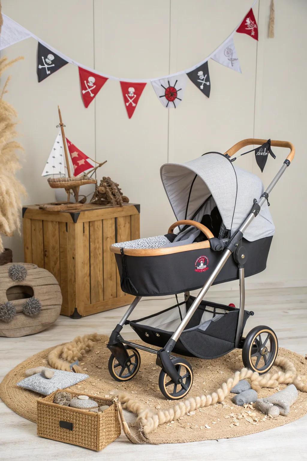 Set sail on a sweet adventure with this charming pirate ship stroller—perfect for your little explorer's Halloween treasure hunt!