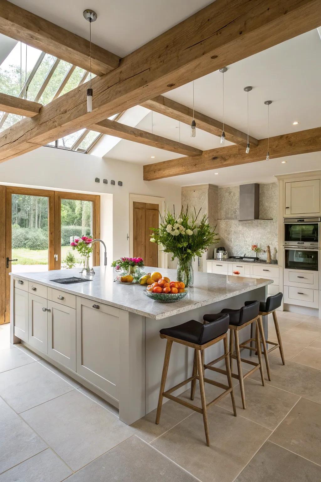 An open-plan kitchen with a support beam defining the space.