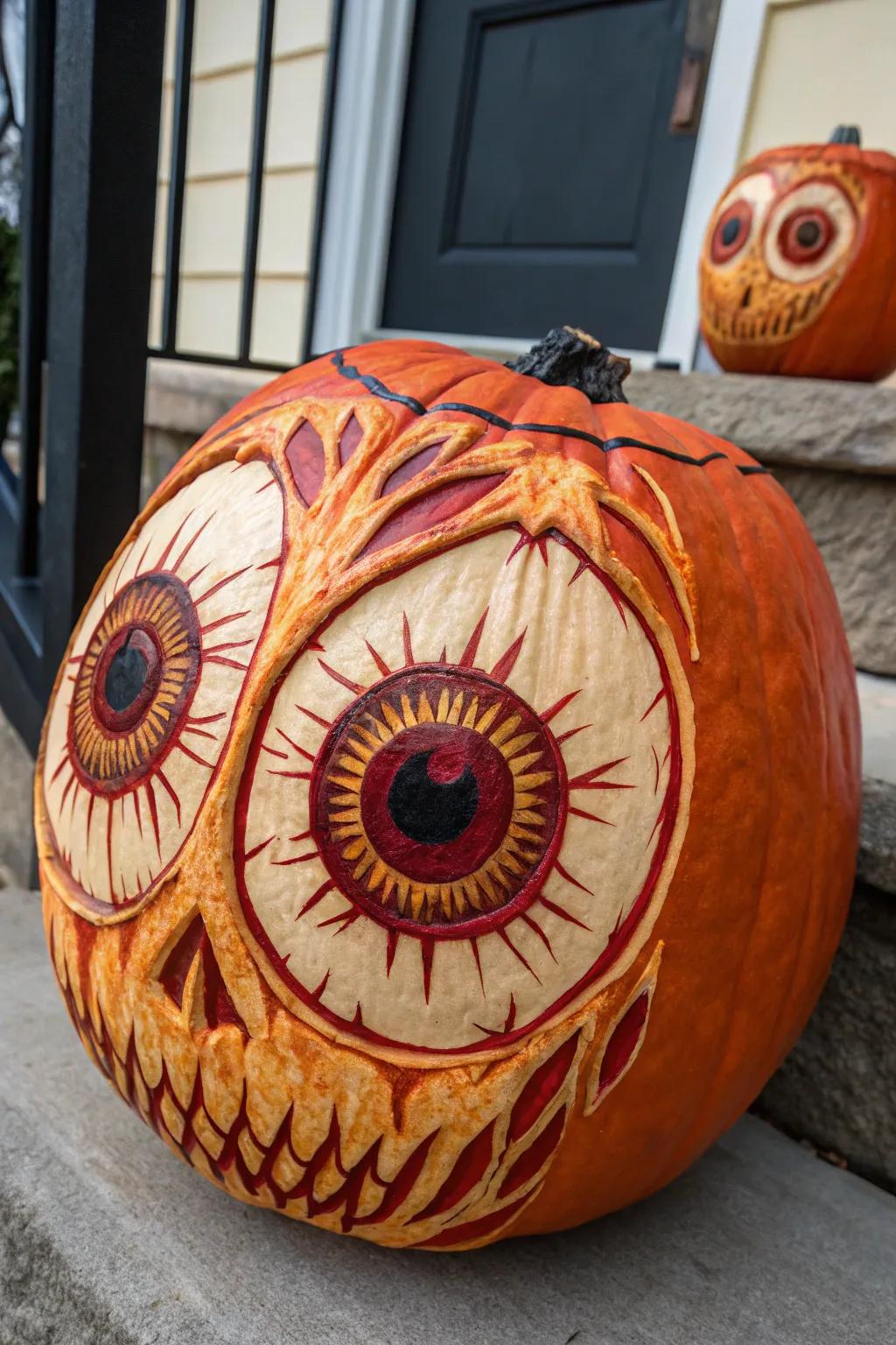 A bold stare in the autumn night – where art meets craftsmanship in pumpkin carving.