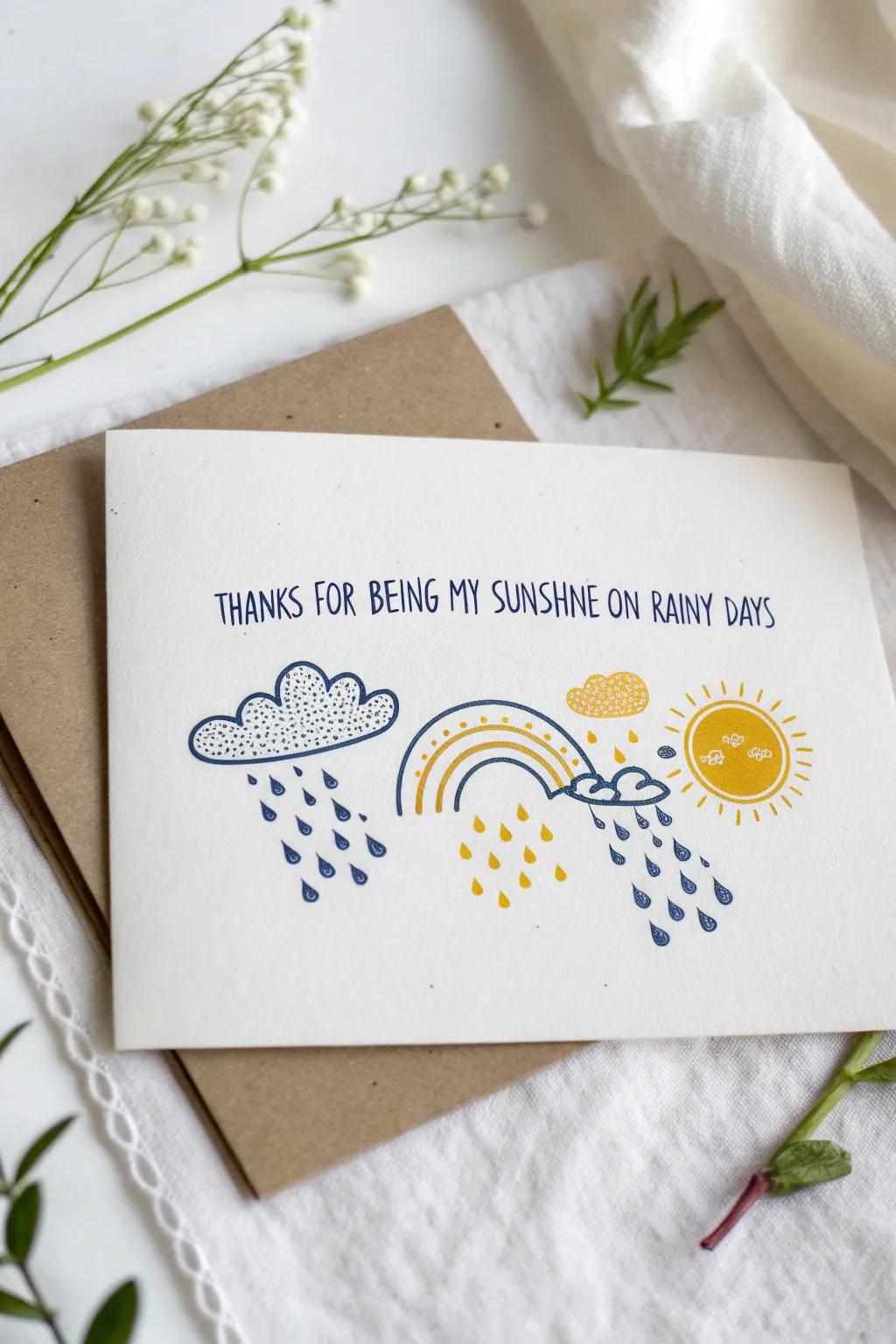 A heartfelt thank you card that brightens any rainy day with its minimalist charm and bold colors.