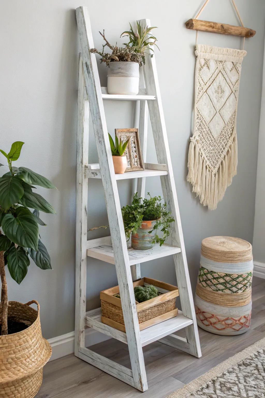 Upcycle with Style: Transform an Old Ladder into a Chic Shelf for Your Plants 🌿✨ #ThriftFlip #BohoMinimalism