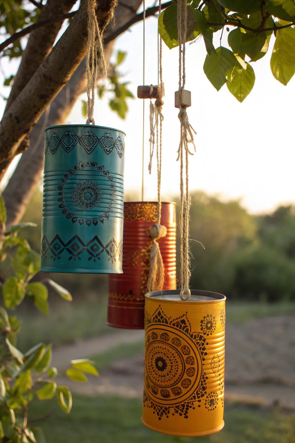 Discover tranquility with our whimsical tin can wind chimes, where bold colors meet minimalist beauty.