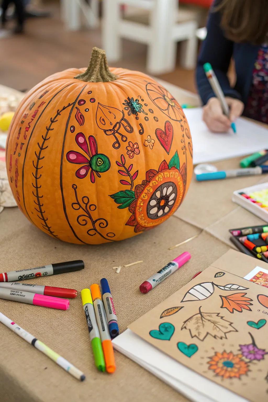 A pumpkin full of doodles and drawings by tiny hands.