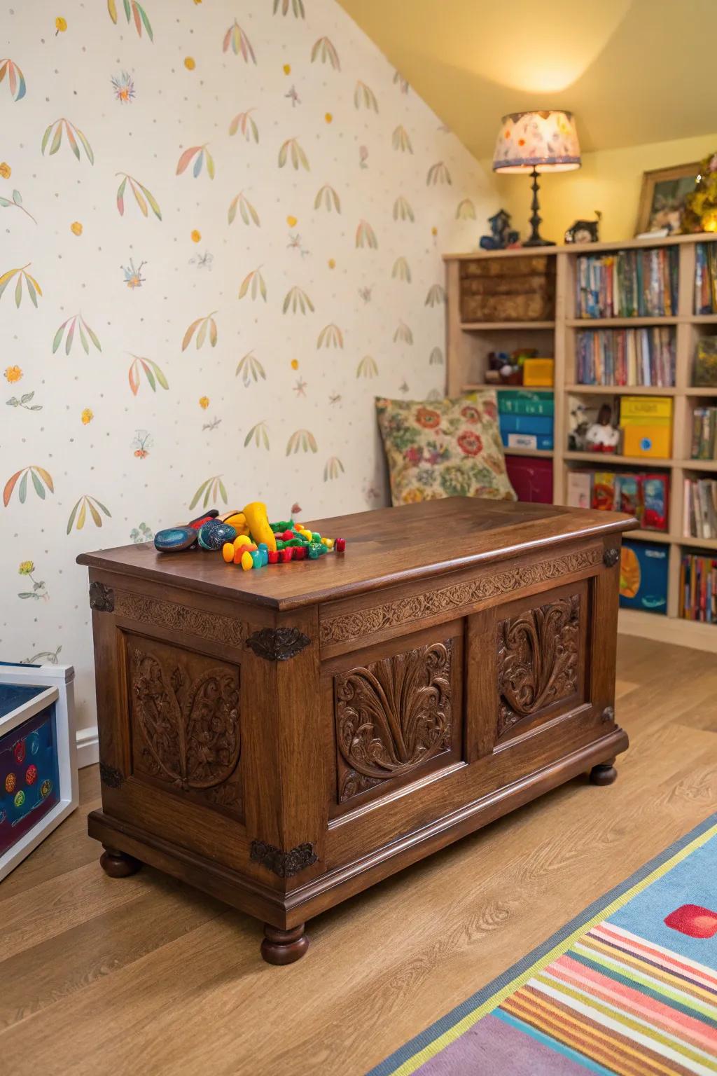 Transform your toy hauler garage into a captivating playroom with this exquisite wooden toy chest as the centerpiece.