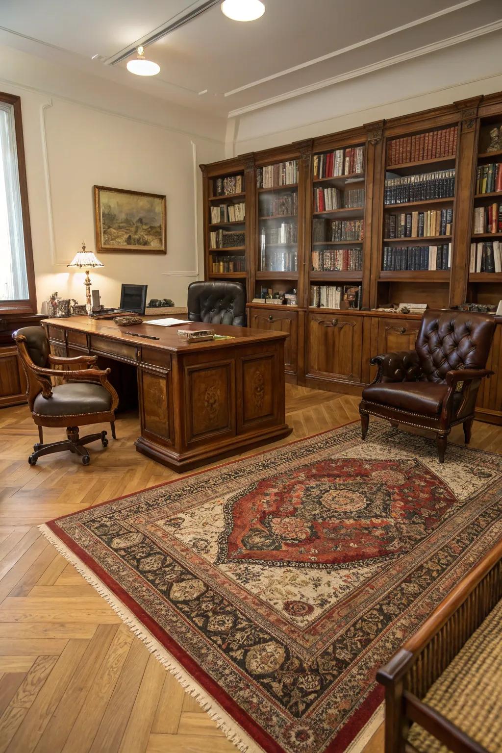 A classic rug adds warmth and sophistication to any office.