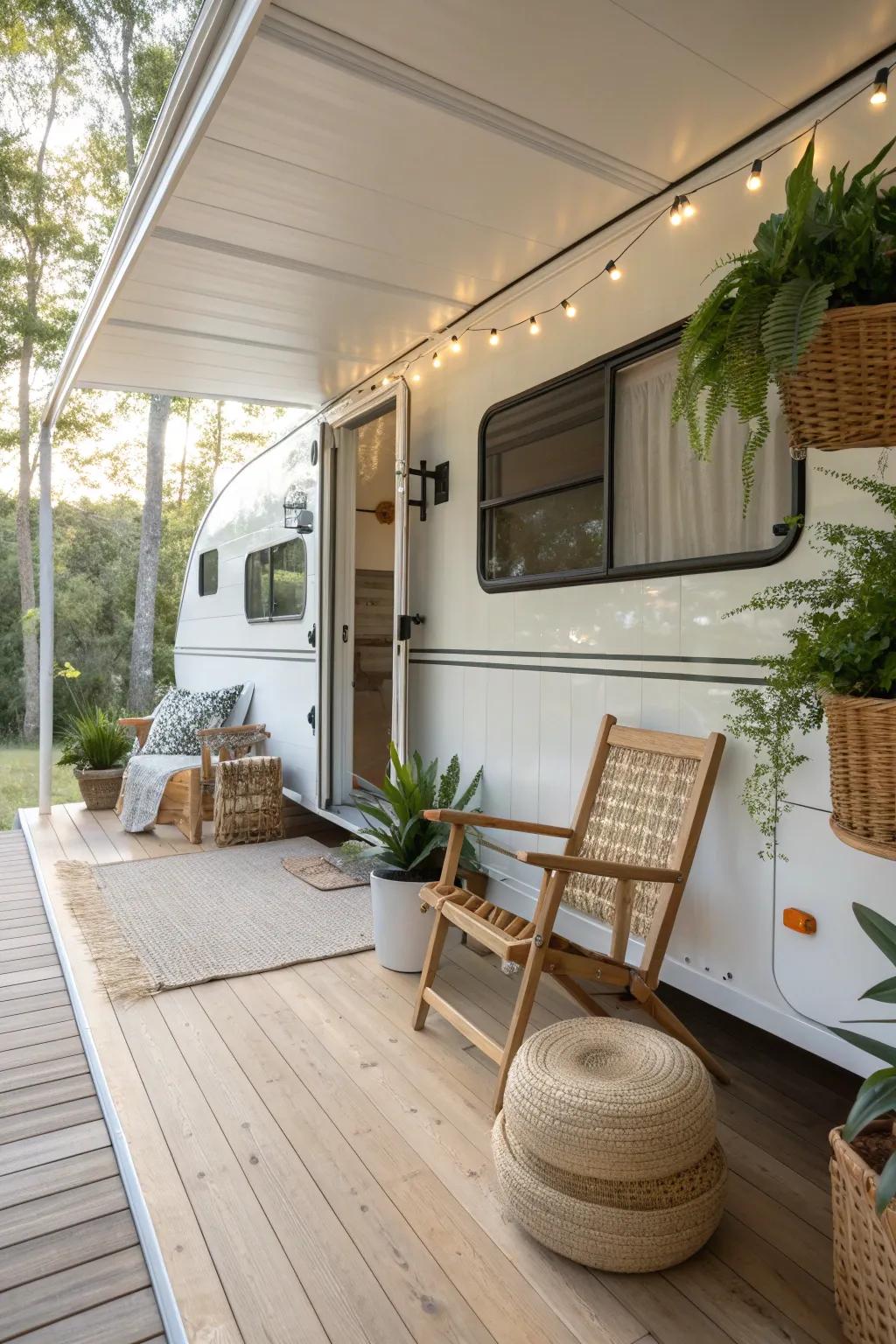 Morning serenity on a screened-in porch – your perfect escape from pesky bugs. ☕🌿 #RVLife #ScandiBoho