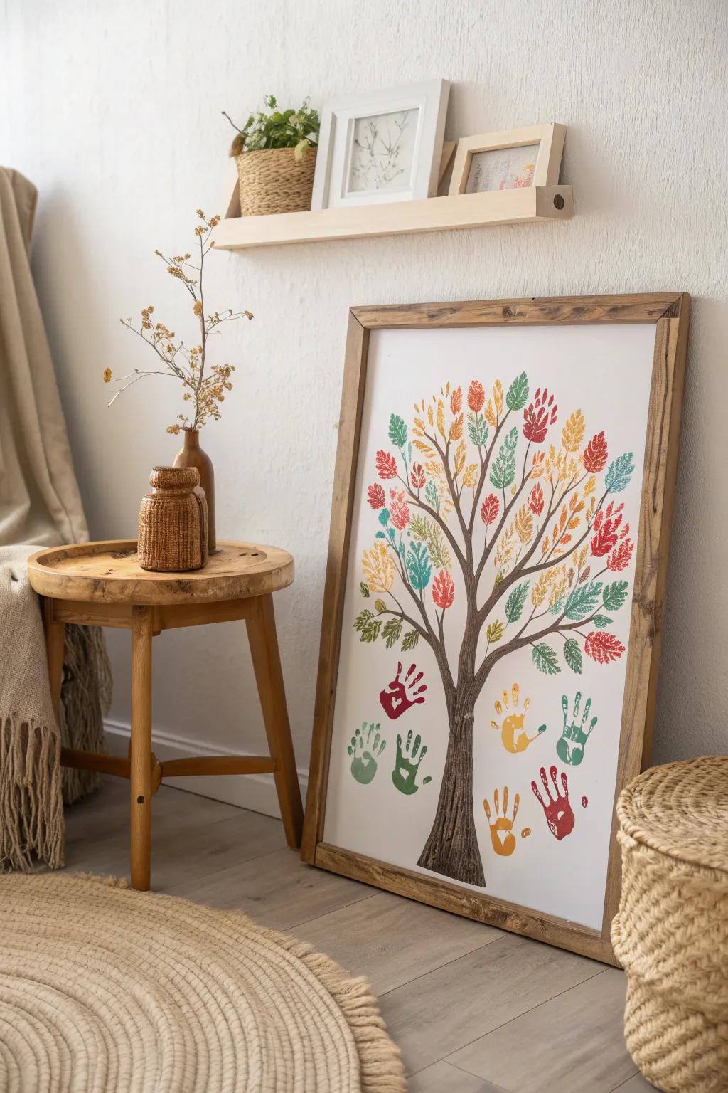 Capture the essence of childhood with this vibrant handprint tree art – a keepsake of tiny hands in a beautifully minimalist setting.