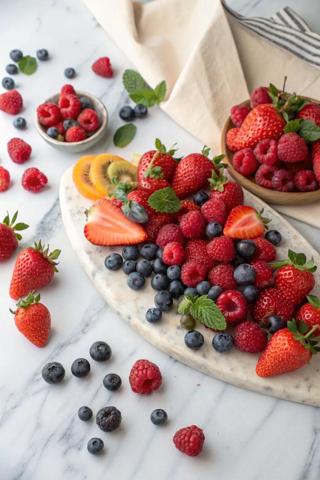 Berries bring a juicy splash of color to this tropical spread.