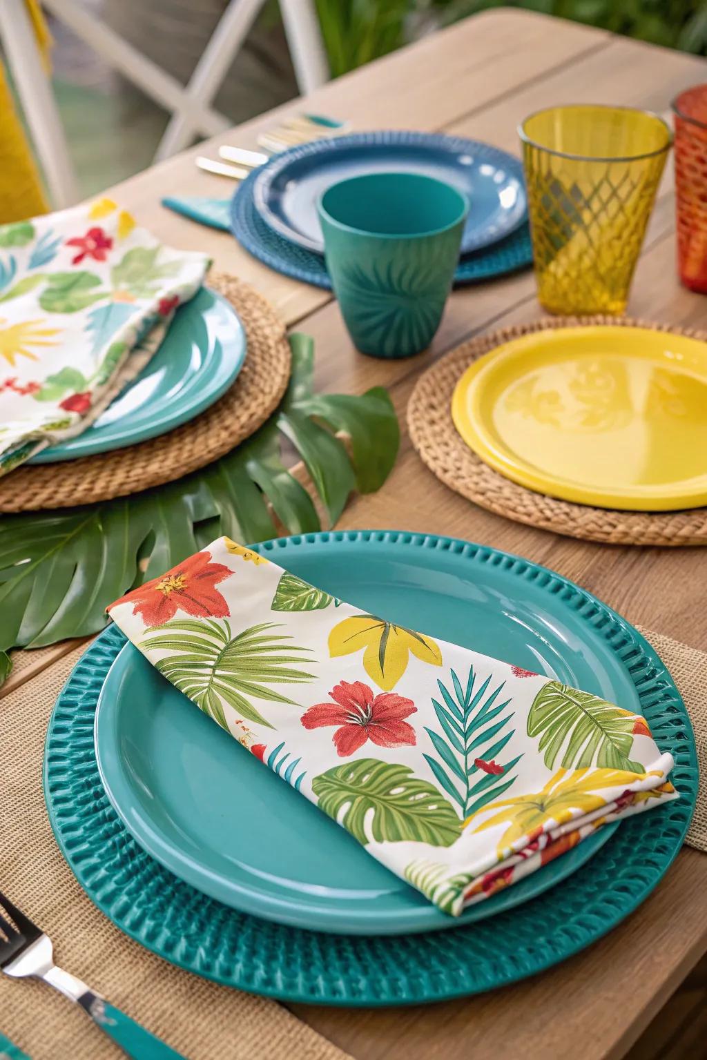 A beautifully set tropical-themed table ready for guests.