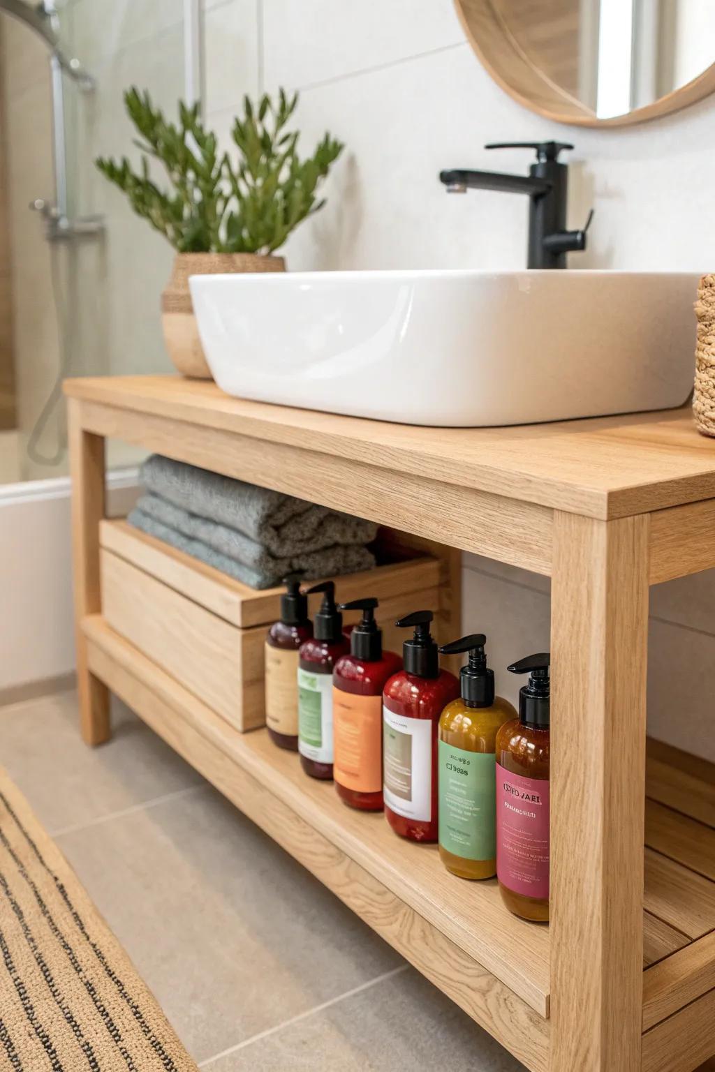 Transform your under-sink space with custom shelves that add both style and functionality. #ScandinavianDesign #BohoChic