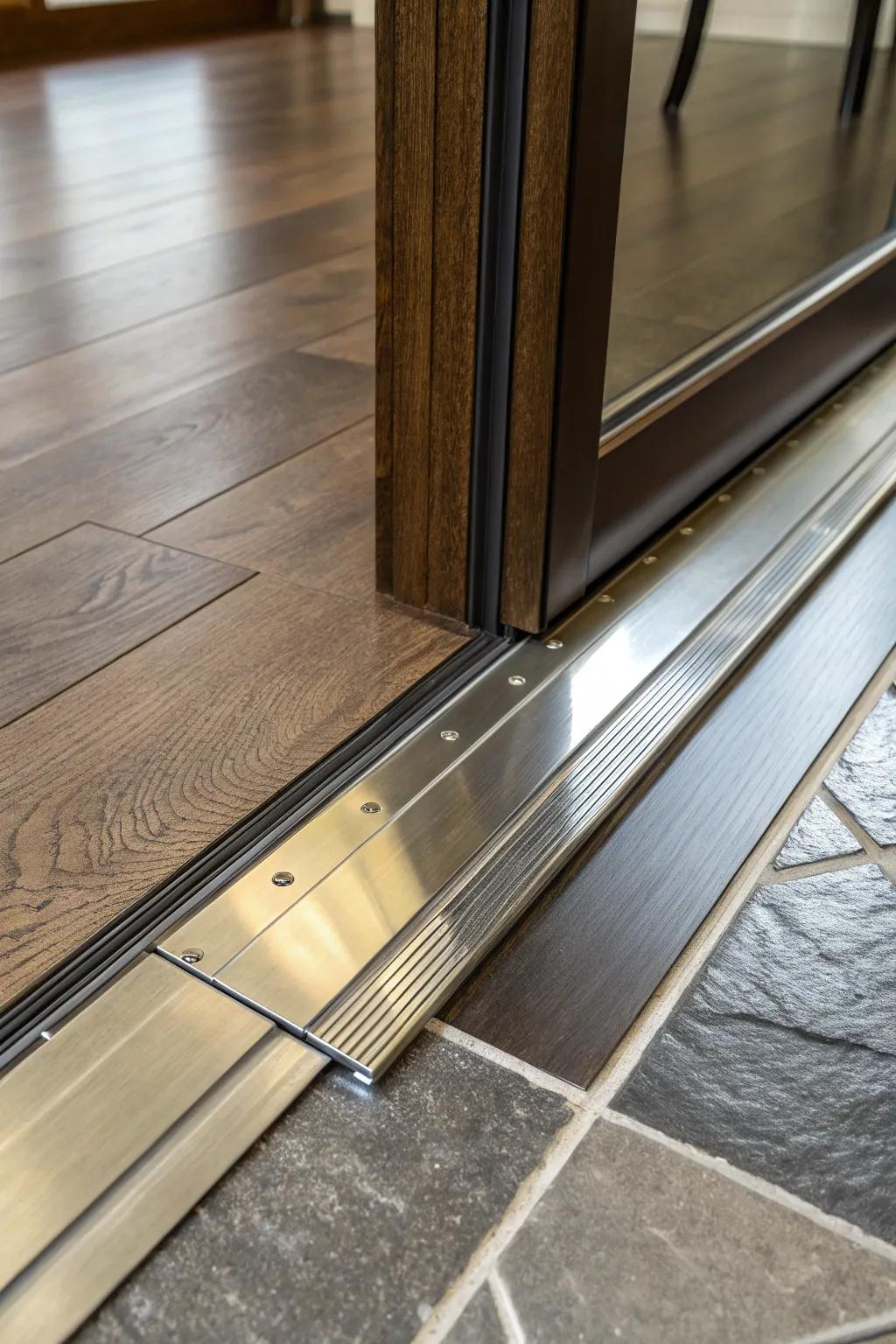 Elevate your space with a sleek metal threshold that bridges style and function.
