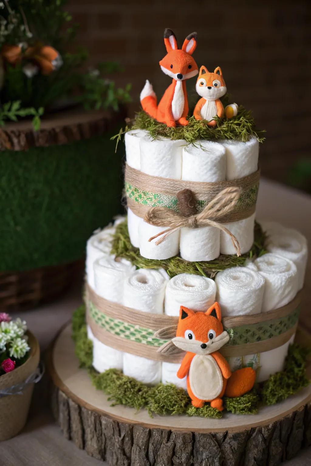 Explore the charm of the wild with this handcrafted woodland creatures diaper cake, perfect for the nature-loving little adventurer.