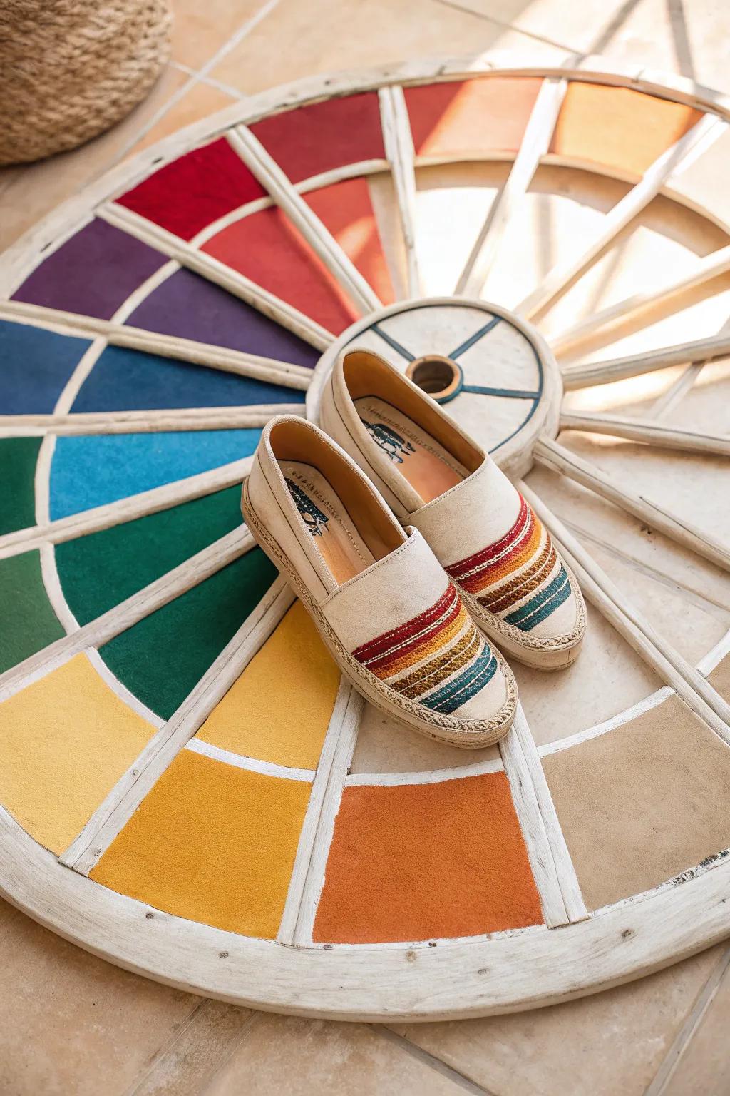 Step into creativity: A bold twist on the classic color wheel with a boho shoe centerpiece.