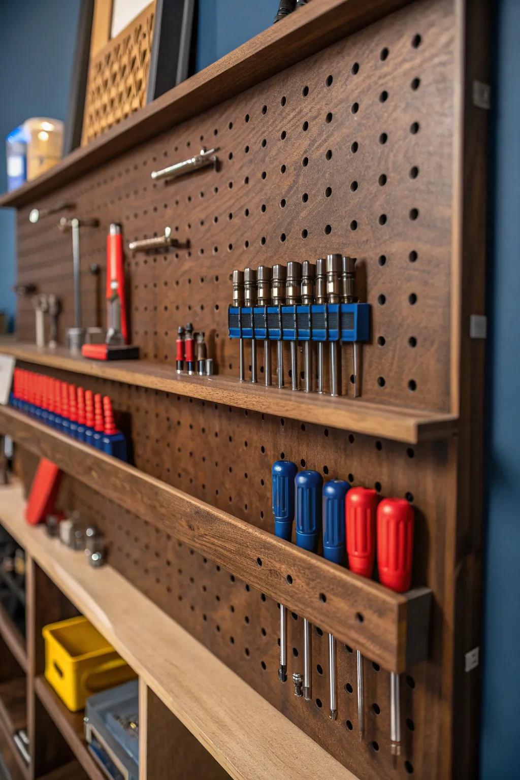 Transform your space with dynamic pegboard shelving—where craftsmanship meets creativity.