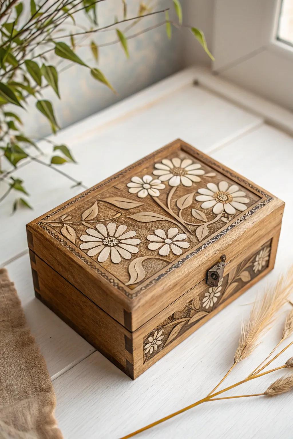 Engraving Elegance: Transform a simple wooden box into a stunning centerpiece with intricate floral engravings.