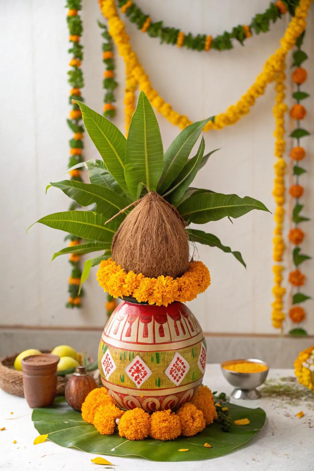 A beautifully adorned Kalash for the Varalakshmi Vratam.