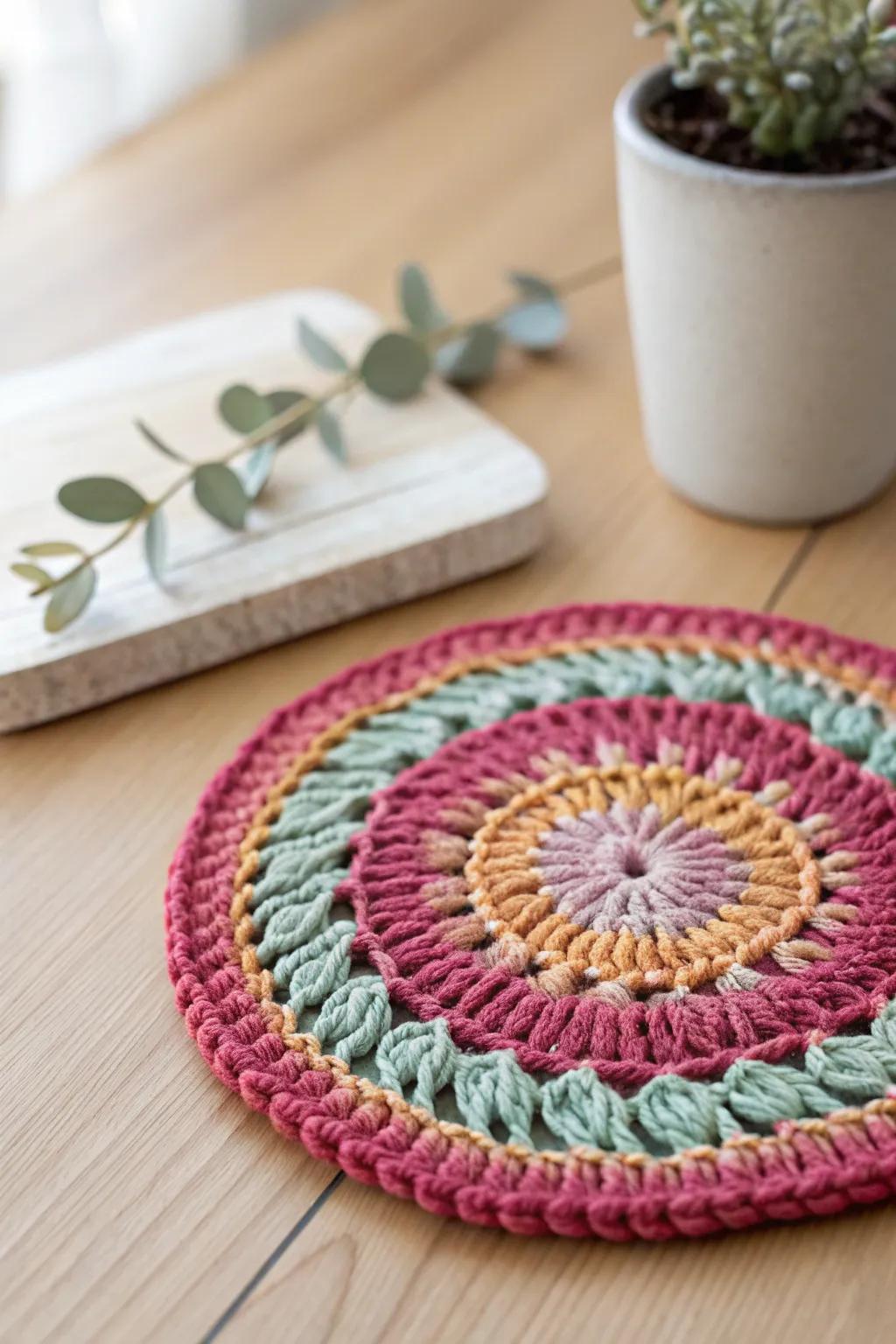 Elevate your table setting with the artistry of variegated yarn coasters.