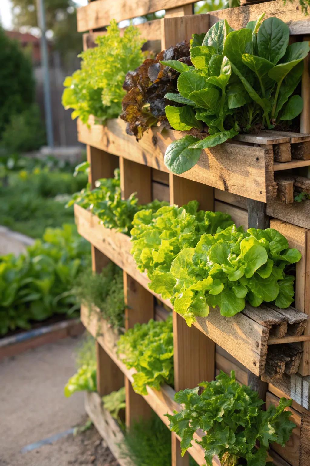 Harvest Freshness: A Vertical Pallet Garden Overflowing with Lush Greens