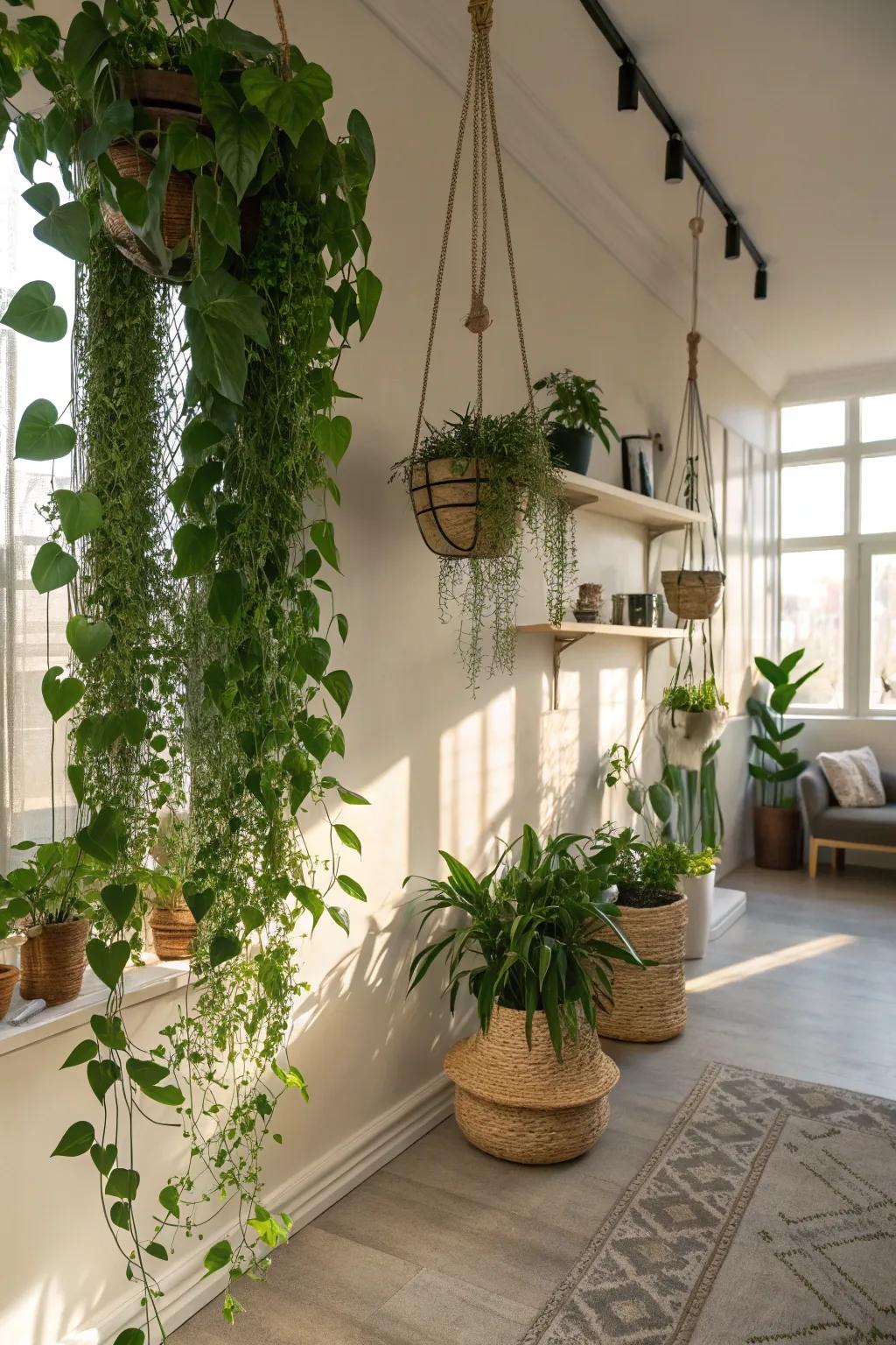 Hanging plants bring nature indoors, enhancing your room's vibe.