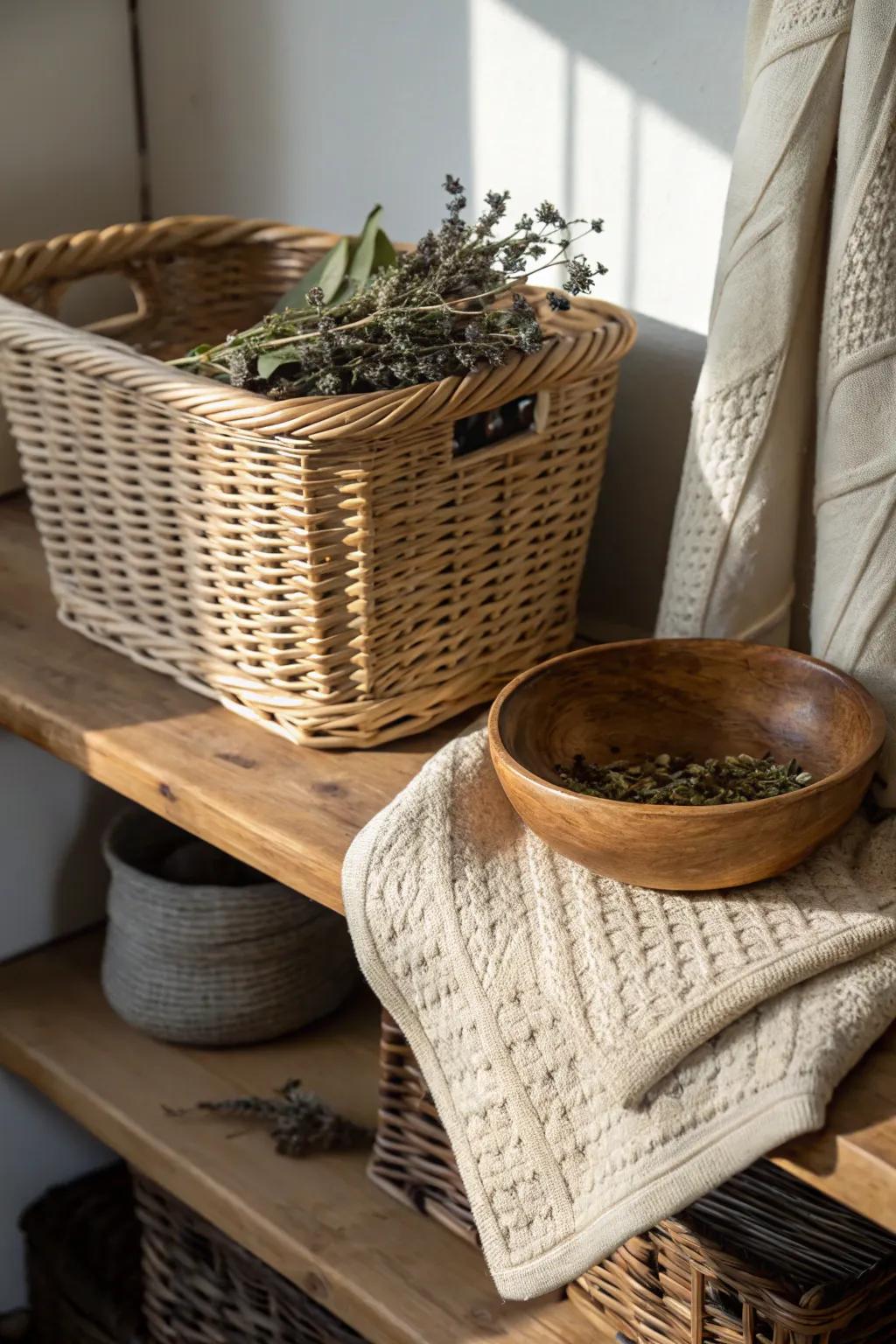 A textured vignette with baskets and throws.