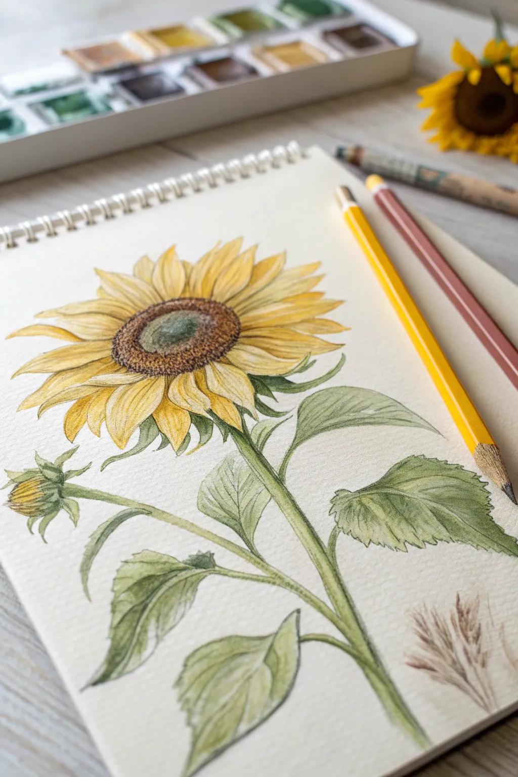 Capture the vibrant essence of sunflowers with the delicate touch of watercolor pencils.