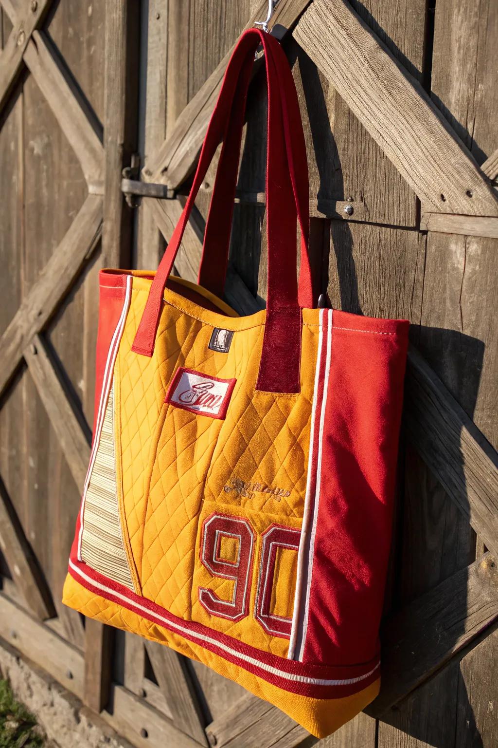 Transform your old jerseys into a striking tote bag, blending team spirit with craftsmanship.