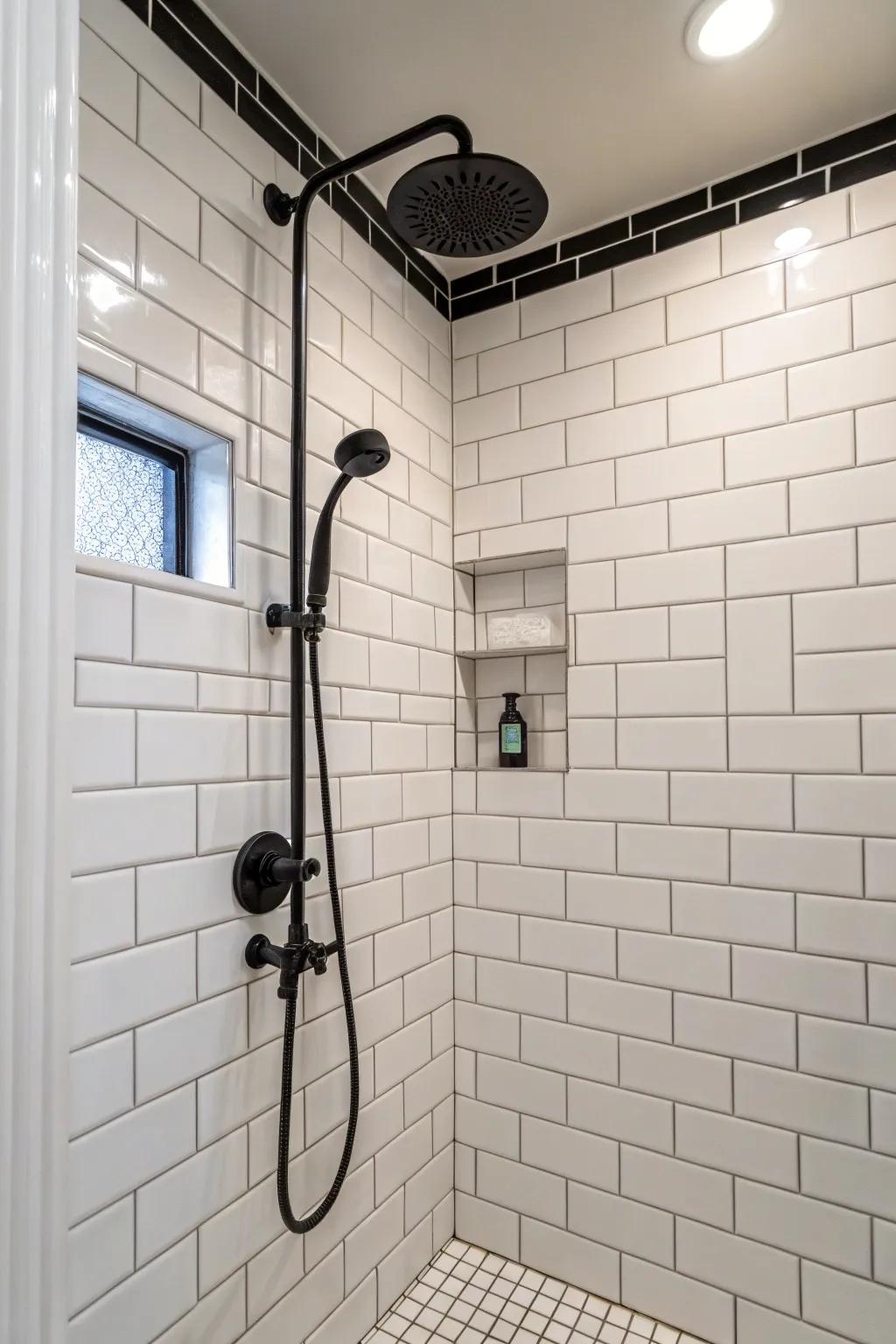 Black fixtures provide a bold contrast against white shower tiles.